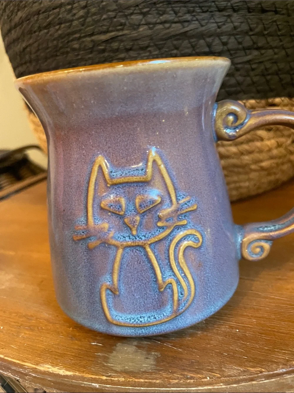 Ceramic Cat Mug in Blue-Purple  Glaze - Decorative Pet-Themed Drinkware